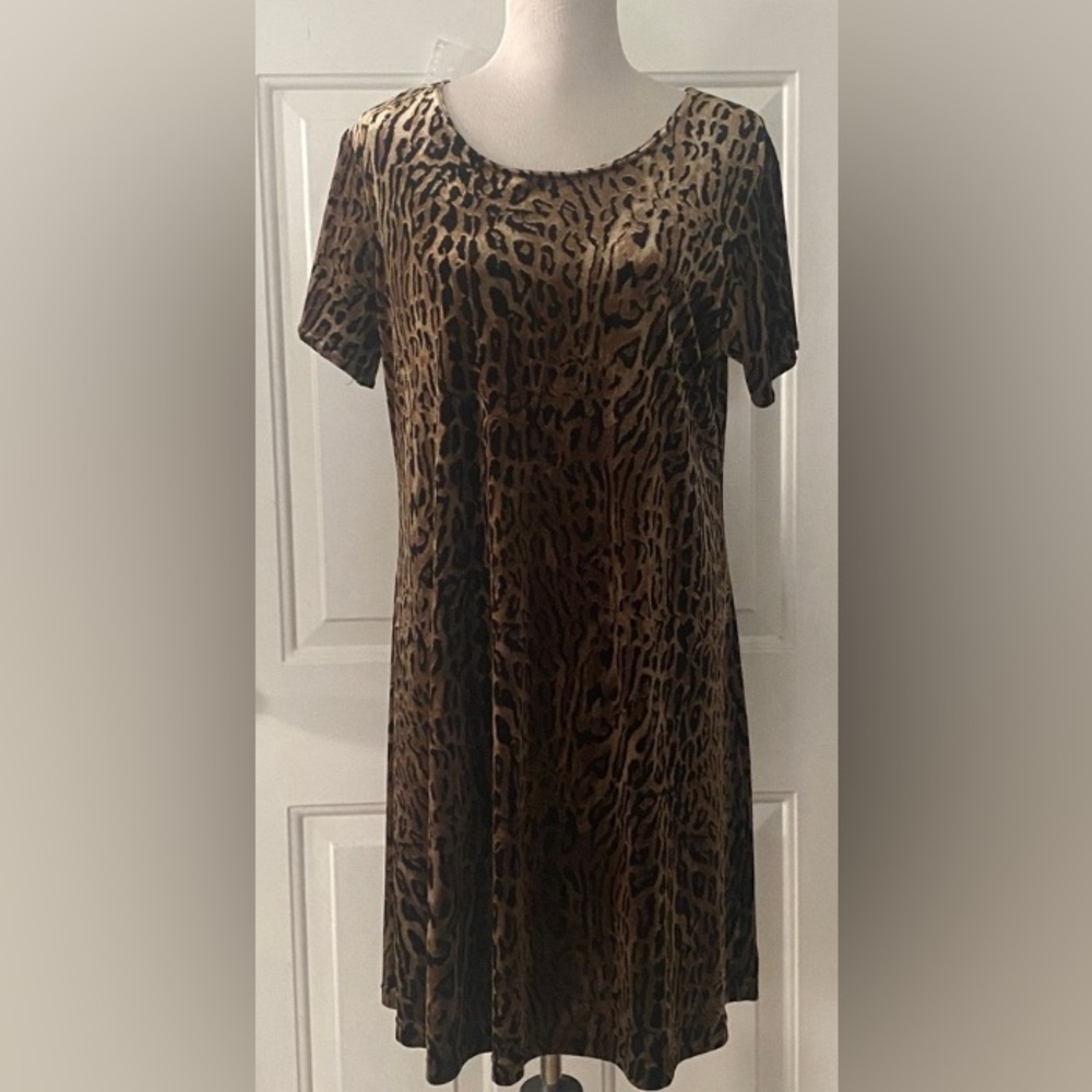 Vintage 90s Dressing Clio Velvet Leopard Animal Shift Style Dress Brown Black L